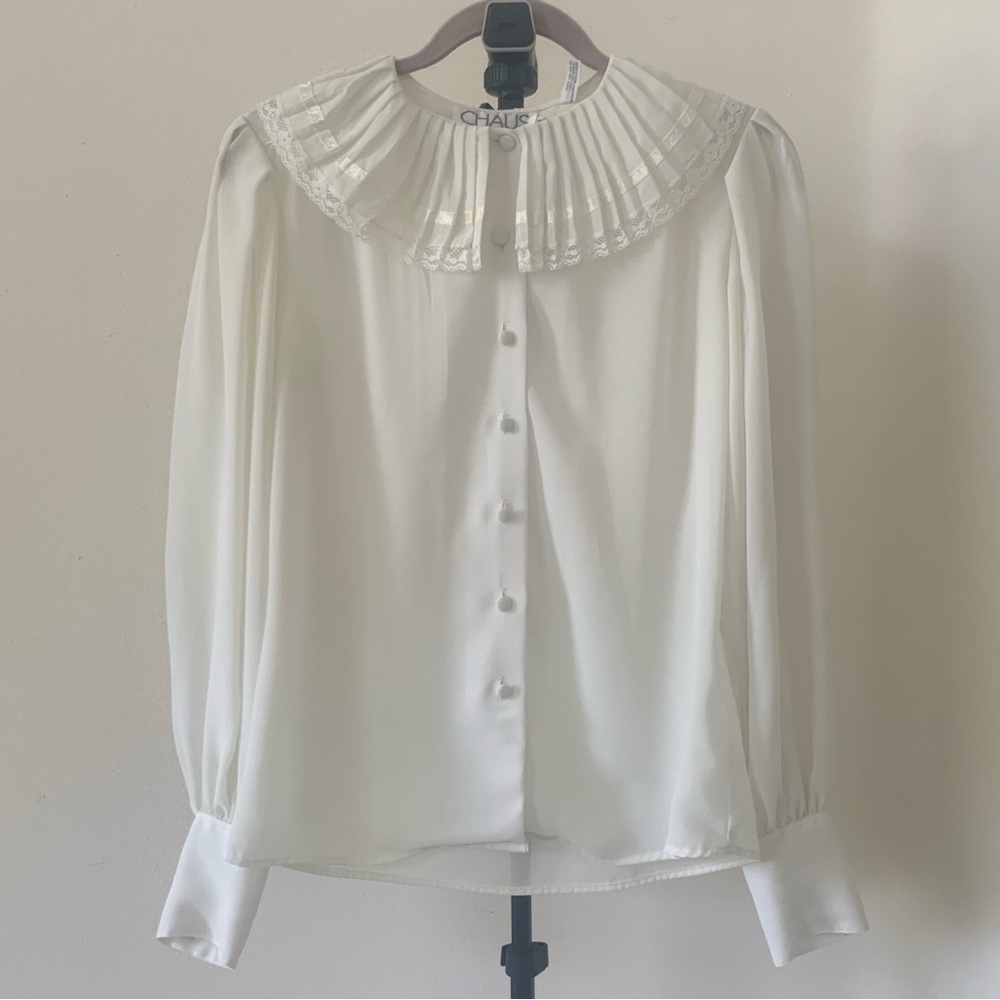 Vintage Chaus White Pleated Collar Button-Front Blouse Size 8